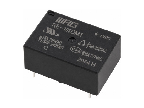Реле электромагнитное WRG (Wangrong) RE-105DM1, 5 VDC, SPST-NO, 15 A/250 VAC, 4 вывода